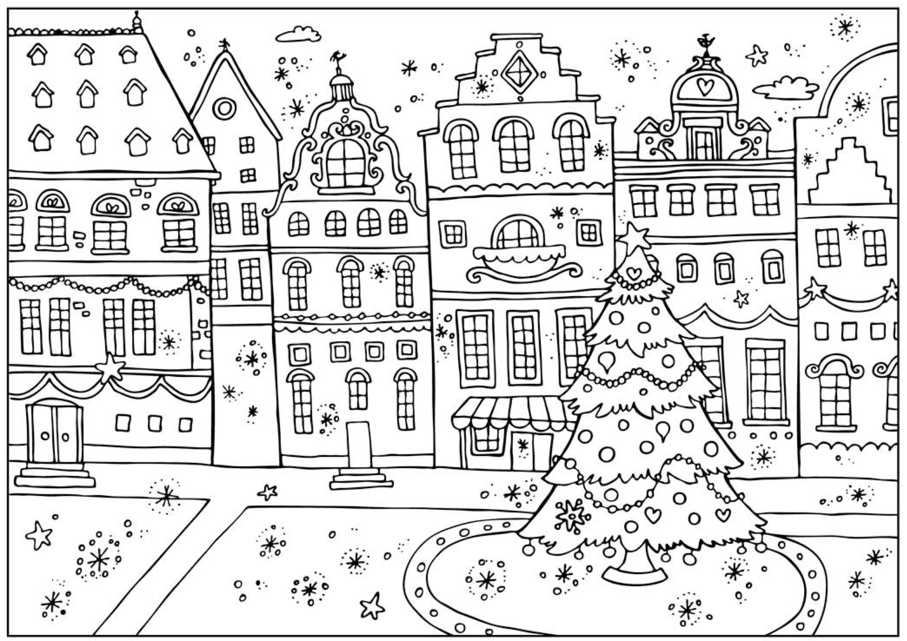 christmas street colouring page